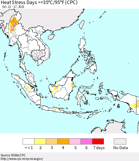 South East Asia Heat Stress Days >=35°C/95°F (CPC) Thematic Map For 10/11/2021 - 10/17/2021