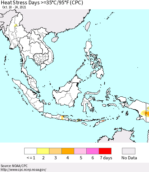 South East Asia Heat Stress Days >=35°C/95°F (CPC) Thematic Map For 10/18/2021 - 10/24/2021