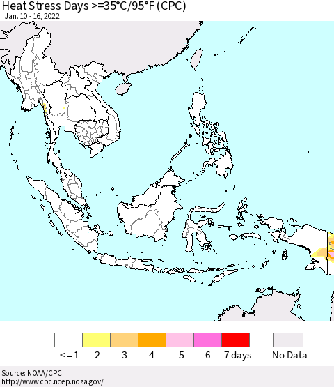 South East Asia Heat Stress Days >=35°C/95°F (CPC) Thematic Map For 1/10/2022 - 1/16/2022