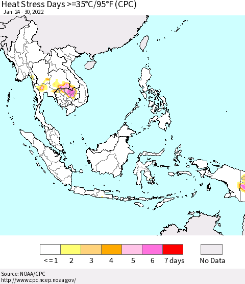 South East Asia Heat Stress Days >=35°C/95°F (CPC) Thematic Map For 1/24/2022 - 1/30/2022