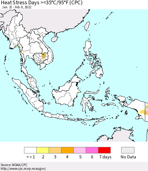 South East Asia Heat Stress Days >=35°C/95°F (CPC) Thematic Map For 1/31/2022 - 2/6/2022