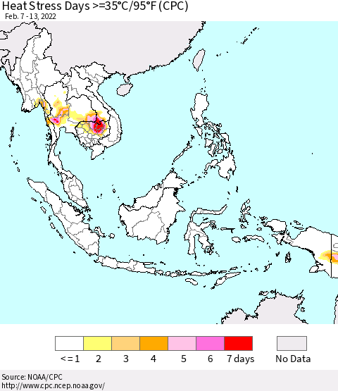 South East Asia Heat Stress Days >=35°C/95°F (CPC) Thematic Map For 2/7/2022 - 2/13/2022