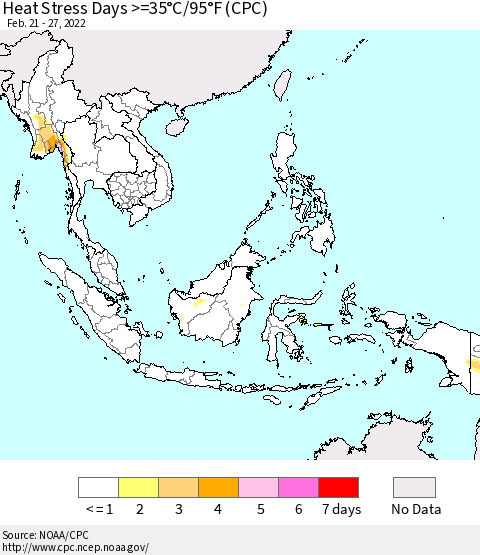 South East Asia Heat Stress Days >=35°C/95°F (CPC) Thematic Map For 2/21/2022 - 2/27/2022