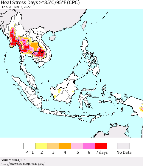 South East Asia Heat Stress Days >=35°C/95°F (CPC) Thematic Map For 2/28/2022 - 3/6/2022