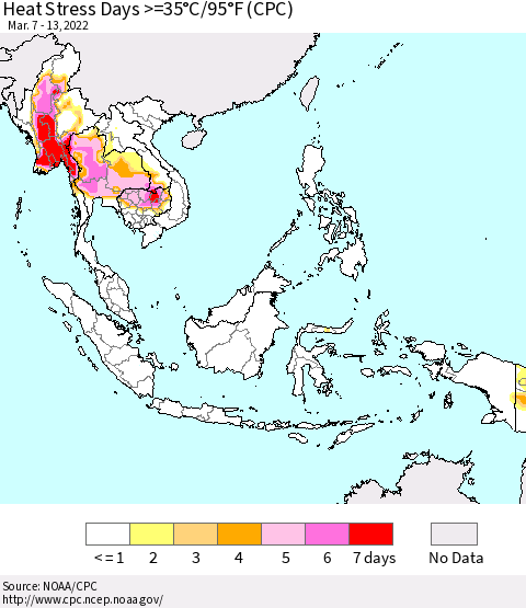 South East Asia Heat Stress Days >=35°C/95°F (CPC) Thematic Map For 3/7/2022 - 3/13/2022