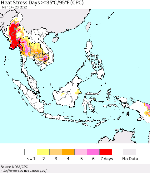 South East Asia Heat Stress Days >=35°C/95°F (CPC) Thematic Map For 3/14/2022 - 3/20/2022