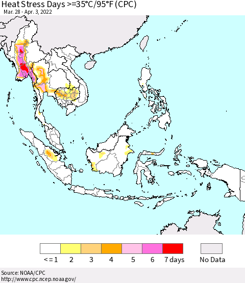 South East Asia Heat Stress Days >=35°C/95°F (CPC) Thematic Map For 3/28/2022 - 4/3/2022
