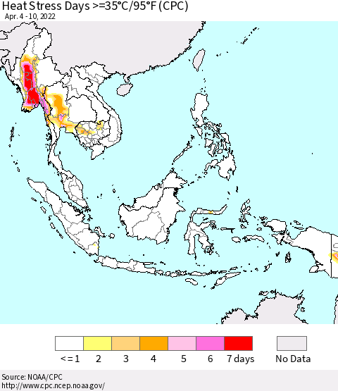 South East Asia Heat Stress Days >=35°C/95°F (CPC) Thematic Map For 4/4/2022 - 4/10/2022