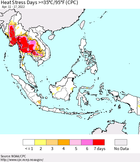 South East Asia Heat Stress Days >=35°C/95°F (CPC) Thematic Map For 4/11/2022 - 4/17/2022