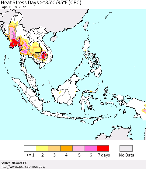 South East Asia Heat Stress Days >=35°C/95°F (CPC) Thematic Map For 4/18/2022 - 4/24/2022