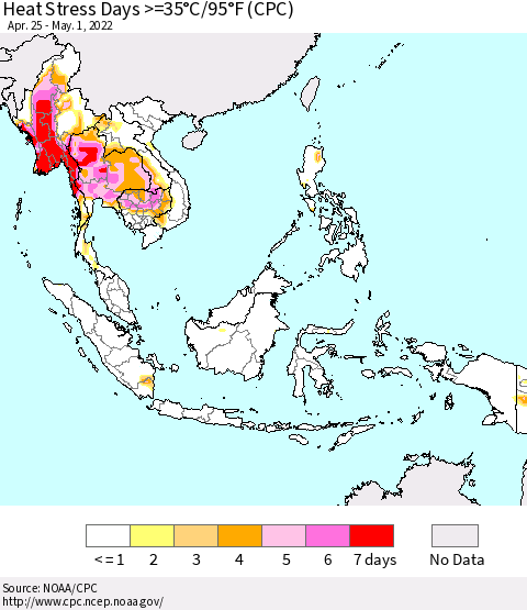 South East Asia Heat Stress Days >=35°C/95°F (CPC) Thematic Map For 4/25/2022 - 5/1/2022