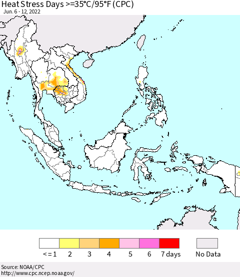 South East Asia Heat Stress Days >=35°C/95°F (CPC) Thematic Map For 6/6/2022 - 6/12/2022