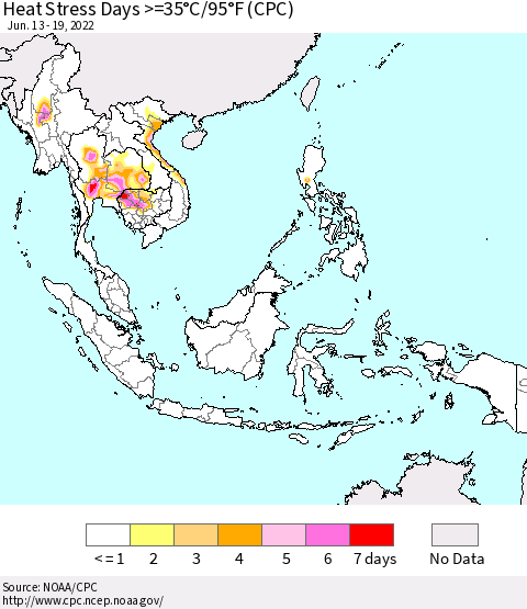 South East Asia Heat Stress Days >=35°C/95°F (CPC) Thematic Map For 6/13/2022 - 6/19/2022