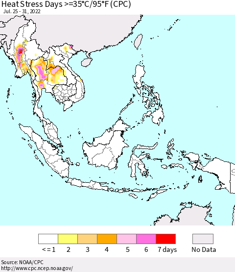 South East Asia Heat Stress Days >=35°C/95°F (CPC) Thematic Map For 7/25/2022 - 7/31/2022