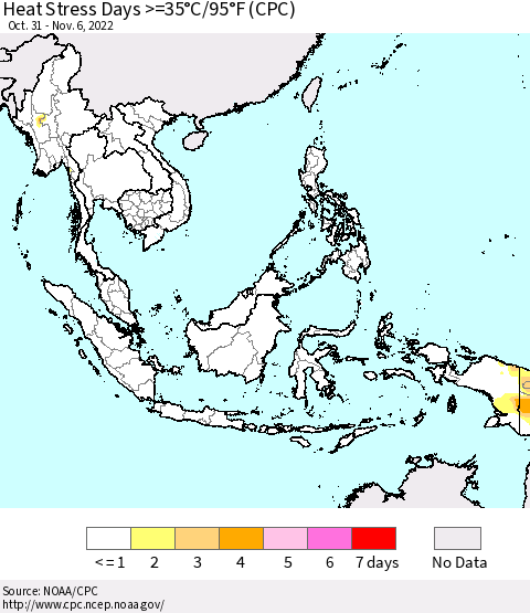South East Asia Heat Stress Days >=35°C/95°F (CPC) Thematic Map For 10/31/2022 - 11/6/2022