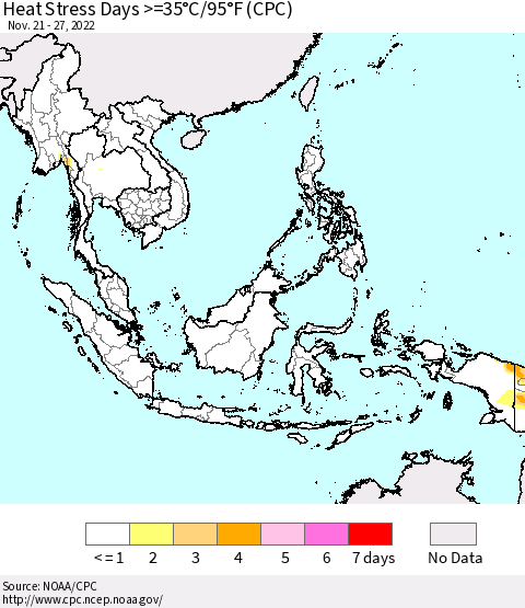 South East Asia Heat Stress Days >=35°C/95°F (CPC) Thematic Map For 11/21/2022 - 11/27/2022