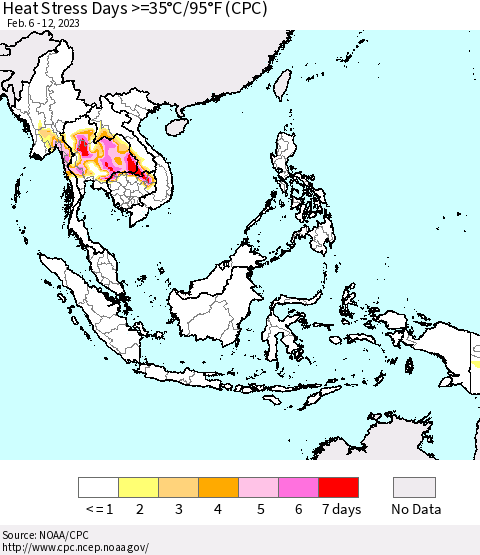 South East Asia Heat Stress Days >=35°C/95°F (CPC) Thematic Map For 2/6/2023 - 2/12/2023