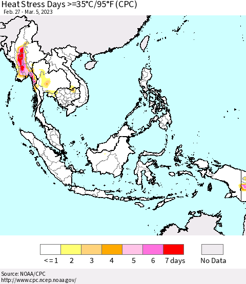 South East Asia Heat Stress Days >=35°C/95°F (CPC) Thematic Map For 2/27/2023 - 3/5/2023