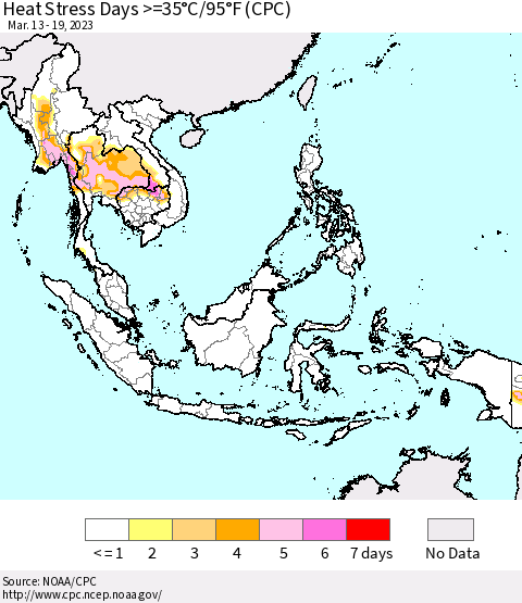 South East Asia Heat Stress Days >=35°C/95°F (CPC) Thematic Map For 3/13/2023 - 3/19/2023