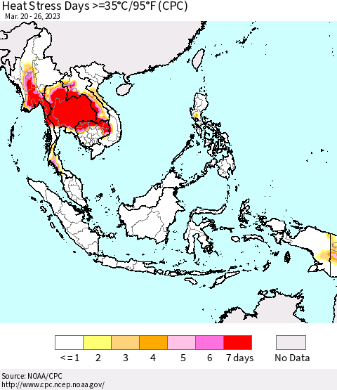 South East Asia Heat Stress Days >=35°C/95°F (CPC) Thematic Map For 3/20/2023 - 3/26/2023