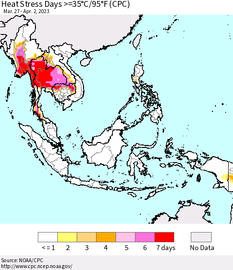 South East Asia Heat Stress Days >=35°C/95°F (CPC) Thematic Map For 3/27/2023 - 4/2/2023