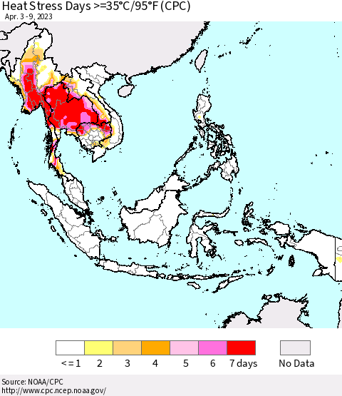 South East Asia Heat Stress Days >=35°C/95°F (CPC) Thematic Map For 4/3/2023 - 4/9/2023
