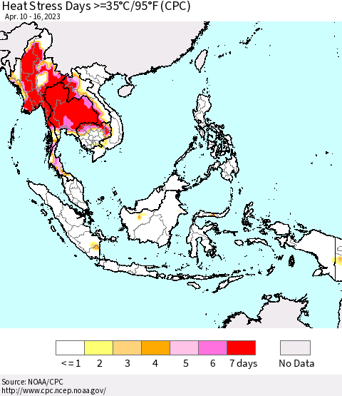South East Asia Heat Stress Days >=35°C/95°F (CPC) Thematic Map For 4/10/2023 - 4/16/2023