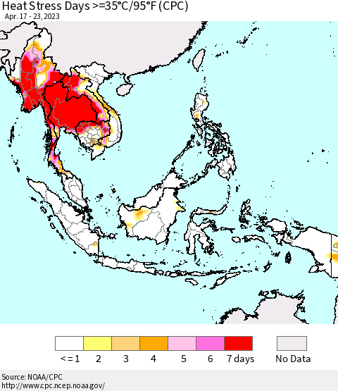 South East Asia Heat Stress Days >=35°C/95°F (CPC) Thematic Map For 4/17/2023 - 4/23/2023