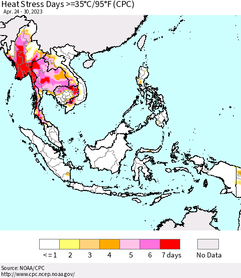 South East Asia Heat Stress Days >=35°C/95°F (CPC) Thematic Map For 4/24/2023 - 4/30/2023