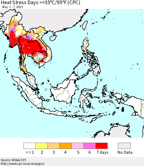 South East Asia Heat Stress Days >=35°C/95°F (CPC) Thematic Map For 5/1/2023 - 5/7/2023