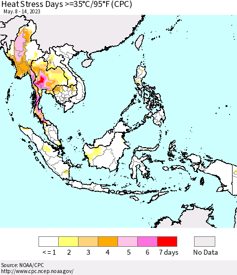 South East Asia Heat Stress Days >=35°C/95°F (CPC) Thematic Map For 5/8/2023 - 5/14/2023
