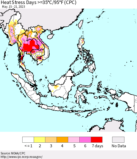South East Asia Heat Stress Days >=35°C/95°F (CPC) Thematic Map For 5/15/2023 - 5/21/2023