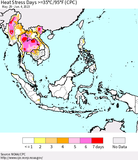 South East Asia Heat Stress Days >=35°C/95°F (CPC) Thematic Map For 5/29/2023 - 6/4/2023