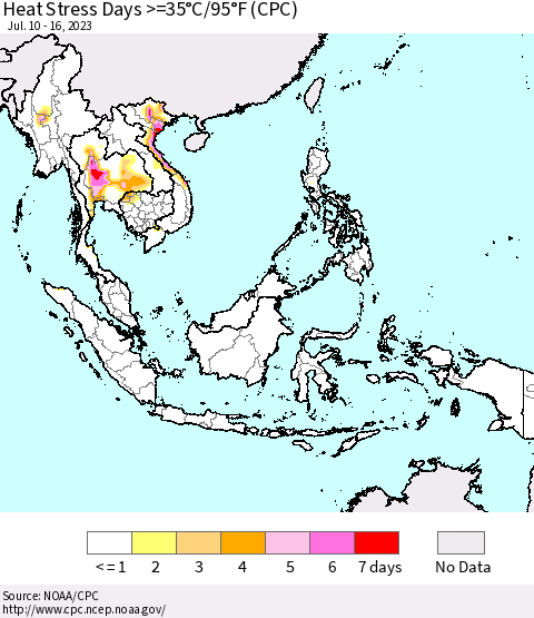 South East Asia Heat Stress Days >=35°C/95°F (CPC) Thematic Map For 7/10/2023 - 7/16/2023