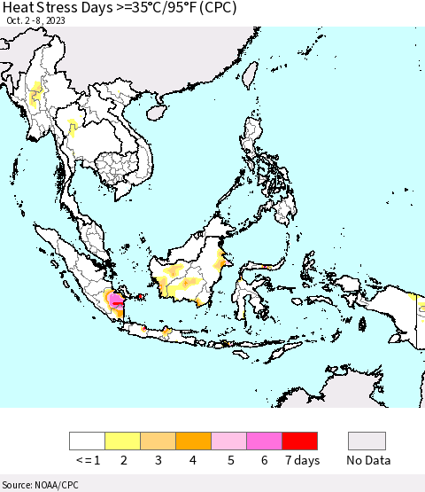 South East Asia Heat Stress Days >=35°C/95°F (CPC) Thematic Map For 10/2/2023 - 10/8/2023