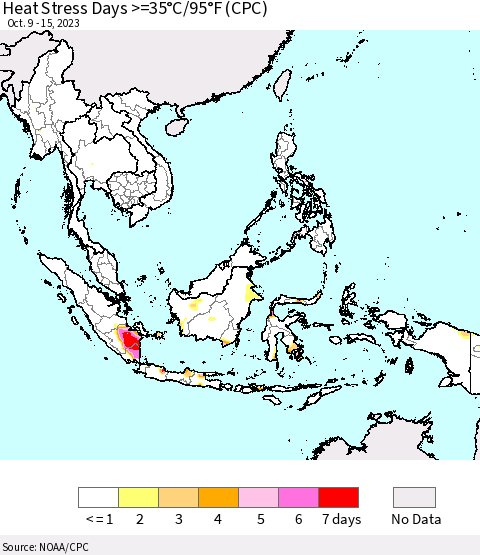 South East Asia Heat Stress Days >=35°C/95°F (CPC) Thematic Map For 10/9/2023 - 10/15/2023
