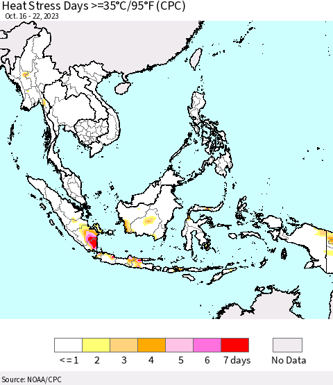 South East Asia Heat Stress Days >=35°C/95°F (CPC) Thematic Map For 10/16/2023 - 10/22/2023