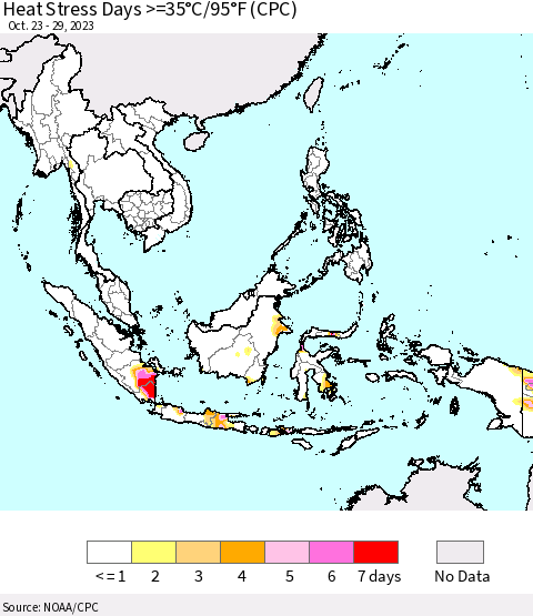 South East Asia Heat Stress Days >=35°C/95°F (CPC) Thematic Map For 10/23/2023 - 10/29/2023