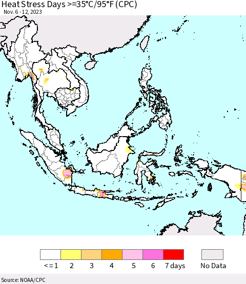 South East Asia Heat Stress Days >=35°C/95°F (CPC) Thematic Map For 11/6/2023 - 11/12/2023