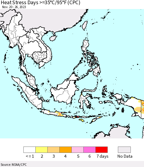 South East Asia Heat Stress Days >=35°C/95°F (CPC) Thematic Map For 11/20/2023 - 11/26/2023