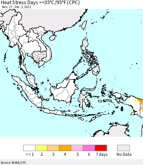 South East Asia Heat Stress Days >=35°C/95°F (CPC) Thematic Map For 11/27/2023 - 12/3/2023