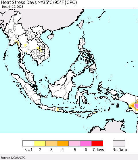 South East Asia Heat Stress Days >=35°C/95°F (CPC) Thematic Map For 12/4/2023 - 12/10/2023