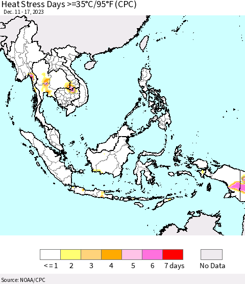 South East Asia Heat Stress Days >=35°C/95°F (CPC) Thematic Map For 12/11/2023 - 12/17/2023
