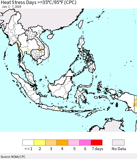 South East Asia Heat Stress Days >=35°C/95°F (CPC) Thematic Map For 1/1/2024 - 1/7/2024
