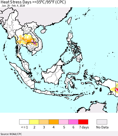 South East Asia Heat Stress Days >=35°C/95°F (CPC) Thematic Map For 1/29/2024 - 2/4/2024