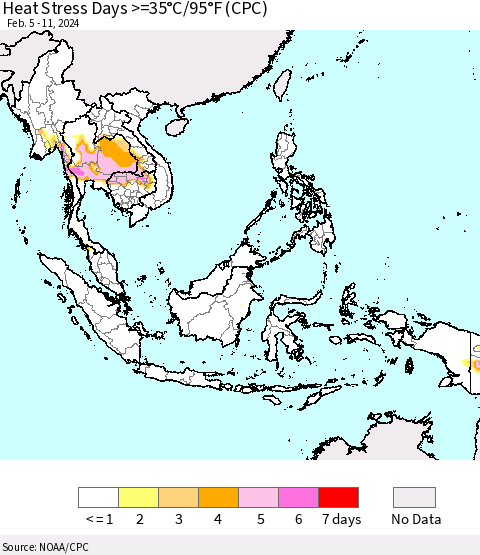 South East Asia Heat Stress Days >=35°C/95°F (CPC) Thematic Map For 2/5/2024 - 2/11/2024