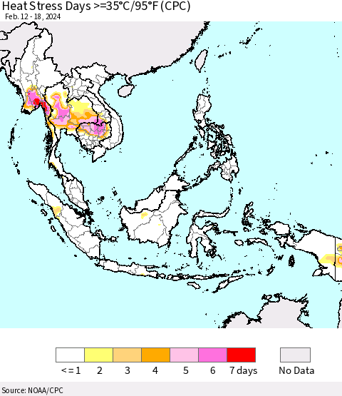 South East Asia Heat Stress Days >=35°C/95°F (CPC) Thematic Map For 2/12/2024 - 2/18/2024