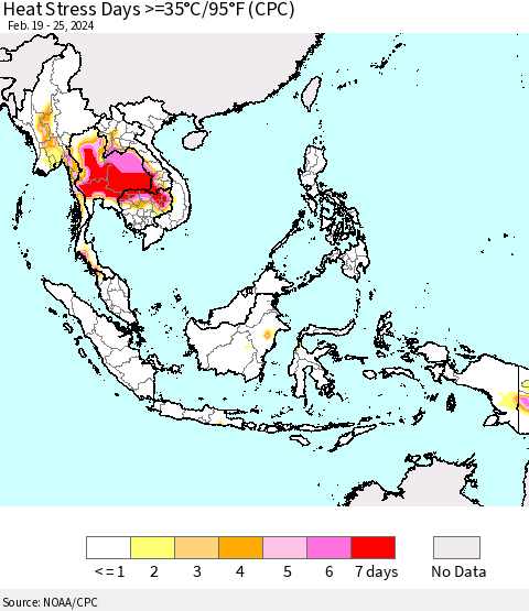 South East Asia Heat Stress Days >=35°C/95°F (CPC) Thematic Map For 2/19/2024 - 2/25/2024