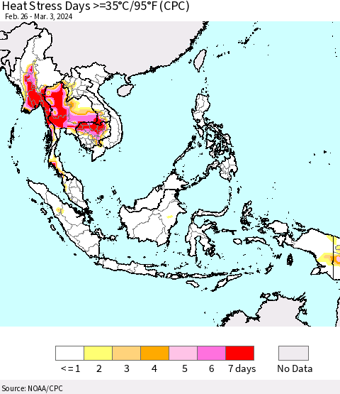 South East Asia Heat Stress Days >=35°C/95°F (CPC) Thematic Map For 2/26/2024 - 3/3/2024