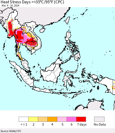 South East Asia Heat Stress Days >=35°C/95°F (CPC) Thematic Map For 3/4/2024 - 3/10/2024